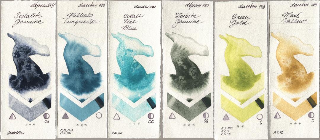 Daniel Smith 179 Sodalite Genuine, 080 Phthalo Turquoise, 028 Cobalt Teal Blue, 180 Zoisite Genuine, 139 Green Gold, 054 Mars Yell watercolor swatch