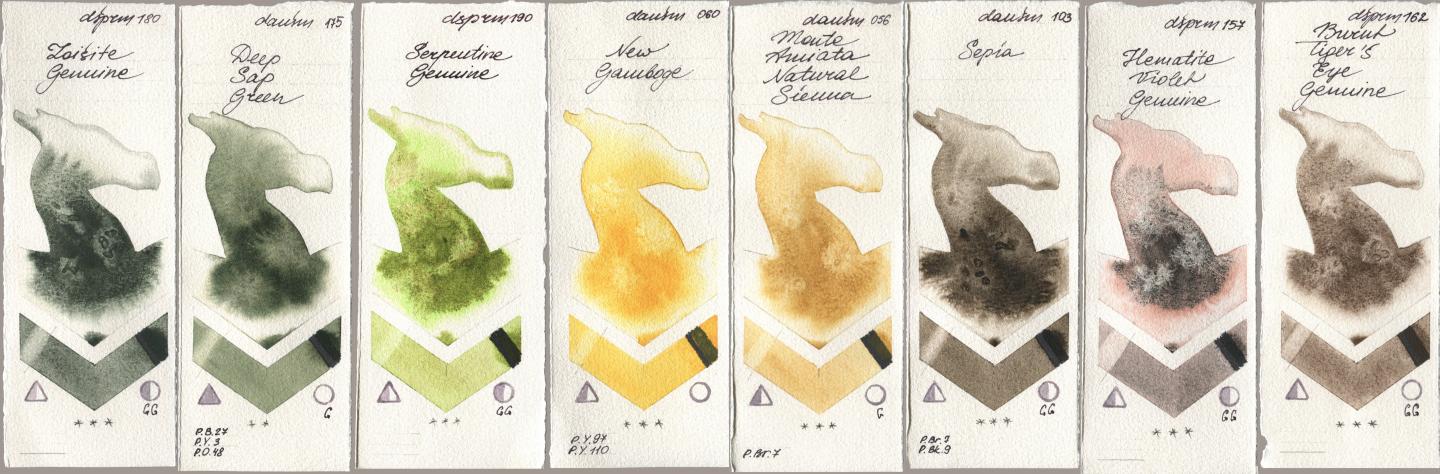 Daniel Smith 180 Zoisite Genuine, 175 Deep Sap Green, 190 Serpentine Genuine, 060 New Gamboge, 056 Monte Amiata Natural Sienna, 103 Sepia, 157 Hematite Violet Genuine, 162 Burnt Tigers Eye Genui watercolor swatch