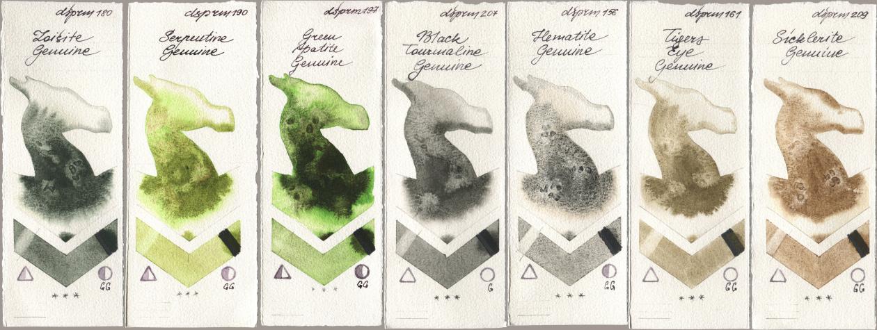 Daniel Smith 180 Zoisite Genuine, 190 Serpentine Genuine, 197 Green Apatite Genuine, 207 Black Tourmaline Genuine, 156 Hematite Genuine, 161 Tigers Eye Genuine, 209 Sicklerite Genui watercolor swatch