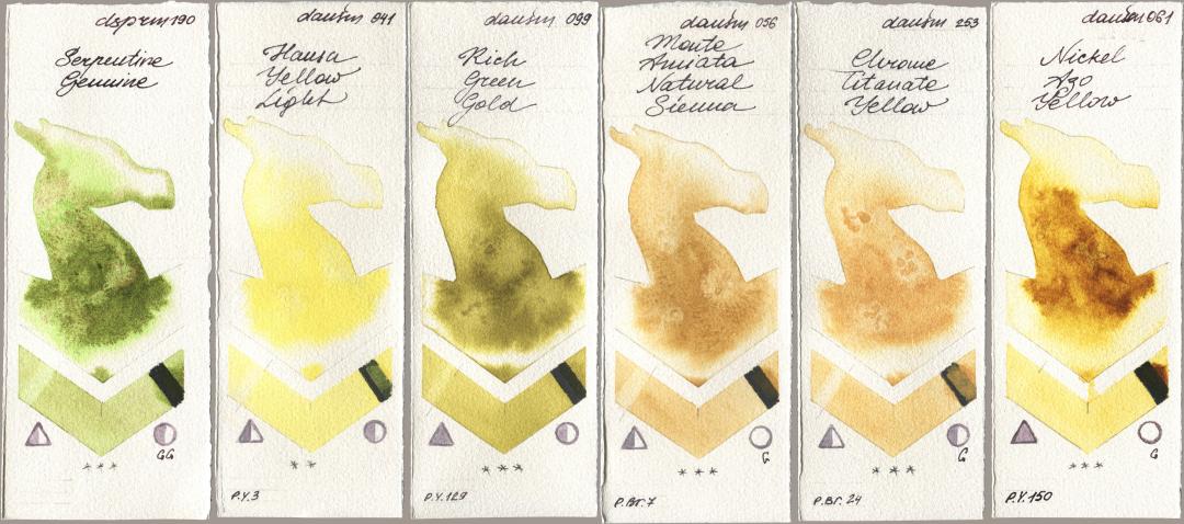 Daniel Smith 190 Serpentine Genuine, 041 Hansa Yellow Light, 099 Rich Green Gold, 056 Monte Amiata Natural Sienna, 253 Chrome Titanate Yellow, 061 Nickel Azo Yell watercolor swatch