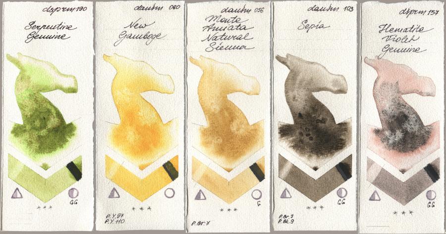 Daniel Smith 190 Serpentine Genuine, 060 New Gamboge, 056 Monte Amiata Natural Sienna, 103 Sepia, 157 Hematite Violet Genui watercolor swatch