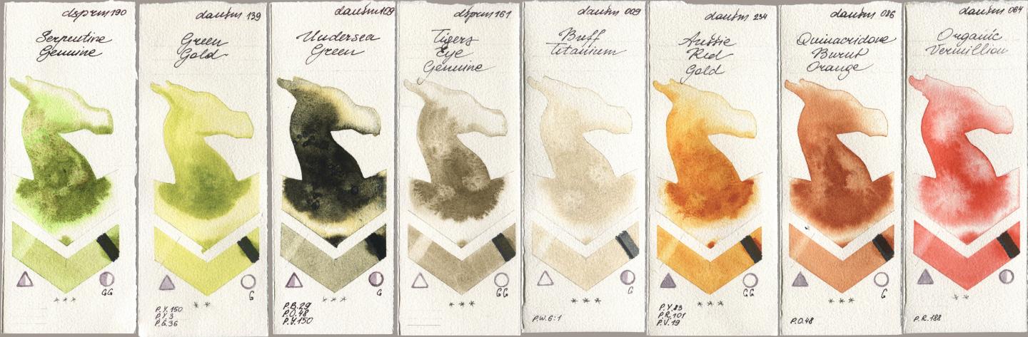 Daniel Smith 190 Serpentine Genuine, 139 Green Gold, 109 Undersea Green, 161 Tigers Eye Genuine, 009 Buff Titanium, 234 Aussie Red Gold, 086 Quinacridone Burnt Orange, 064 Organic Vermili watercolor swatch