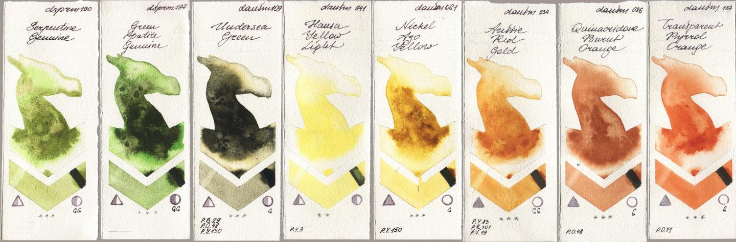 Daniel Smith 190 Serpentine Genuine, 197 Green Apatite Genuine, 109 Undersea Green, 041 Hansa Yellow Light, 061 Nickel Azo Yellow, 234 Aussie Red Gold, 086 Quinacridone Burnt Orange, 187 Transparent Pyrrol Oran watercolor swatch