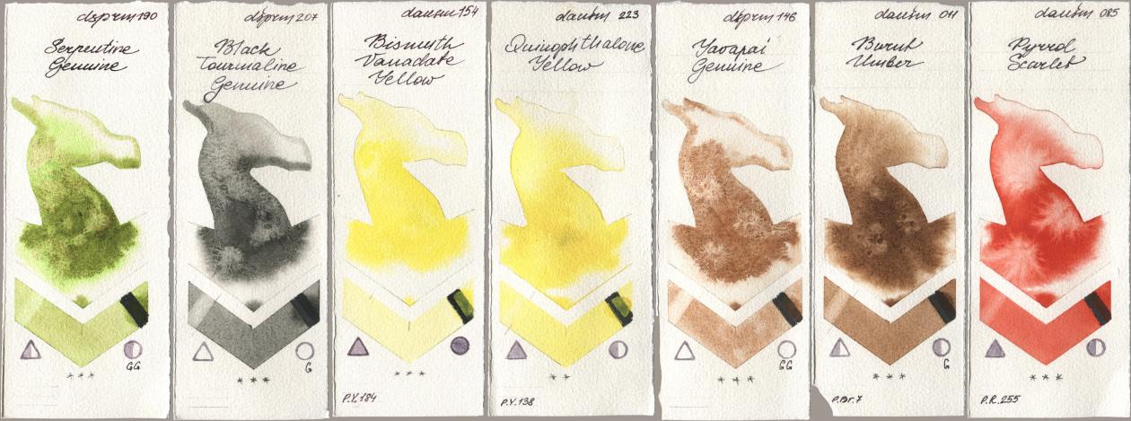 Daniel Smith 190 Serpentine Genuine, 207 Black Tourmaline Genuine, 154 Bismuth Vanadate Yellow, 223 Quinophthalone Yellow, 146 Yavapai Genuine, 011 Burnt Umber, 085 Pyrrol Scarl watercolor swatch