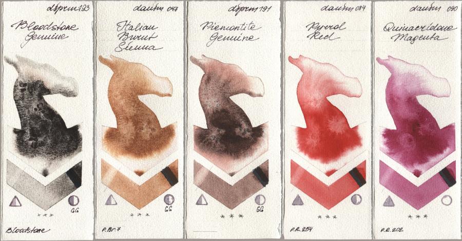 Daniel Smith 193 Bloodstone Genuine, 047 Italian Burnt Sienna, 191 Piemontite Genuine, 084 Pyrrol Red, 090 Quinacridone Magen watercolor swatch