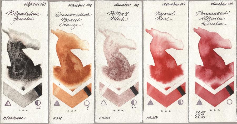 Daniel Smith 193 Bloodstone Genuine, 086 Quinacridone Burnt Orange, 148 Potters Pink, 084 Pyrrol Red, 185 Permanent Alizarin Crims watercolor swatch