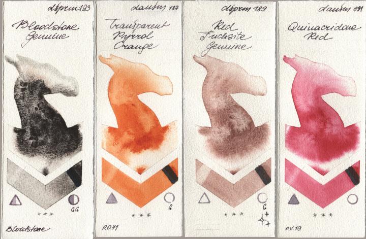 Daniel Smith 193 Bloodstone Genuine, 187 Transparent Pyrrol Orange, 189 Red Fuchsite Genuine, 091 Quinacridone R watercolor swatch