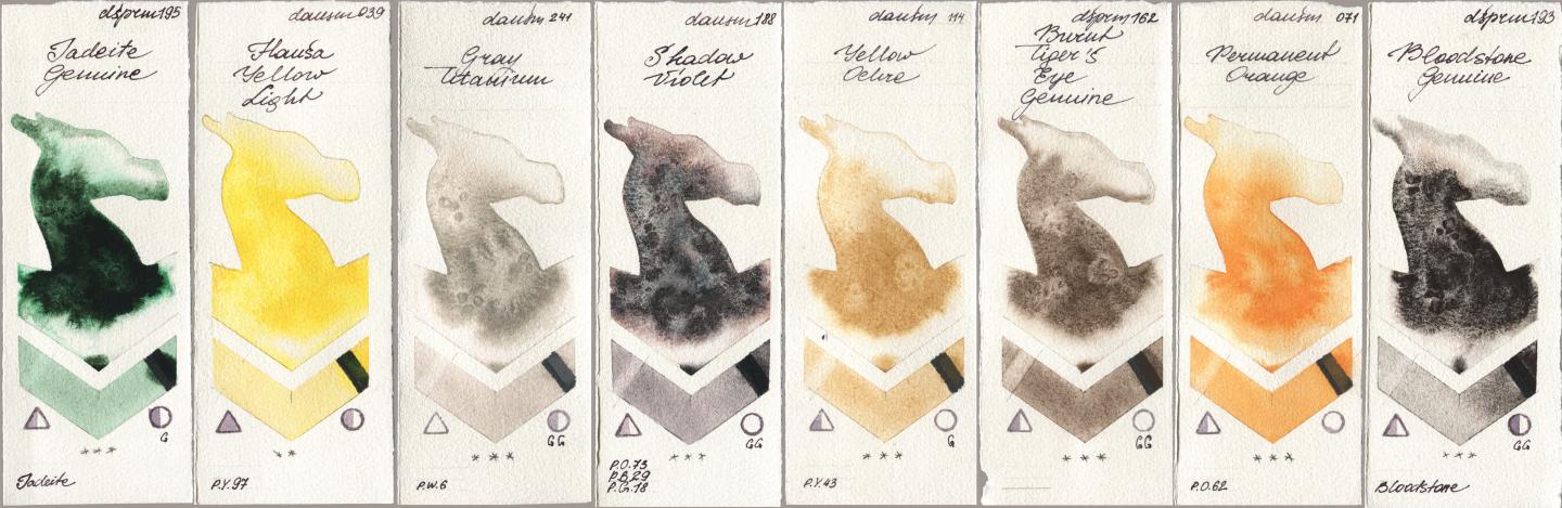 Daniel Smith 195 Jadeite Genuine, 039 Hansa Yellow Light, 241 Gray Titanium, 188 Shadow Violet, 114 Yellow Ochre, 162 Burnt Tigers Eye Genuine, 071 Permanent Orange, 193 Bloodstone Genui watercolor swatch