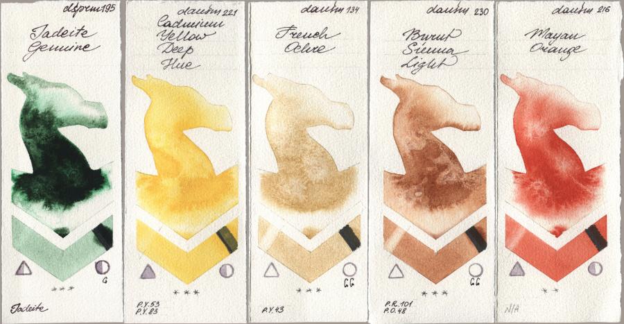Daniel Smith 195 Jadeite Genuine, 221 Cadmium Yellow Deep Hue, 134 French Ochre, 230 Burnt Sienna Light, 216 Mayan Oran watercolor swatch
