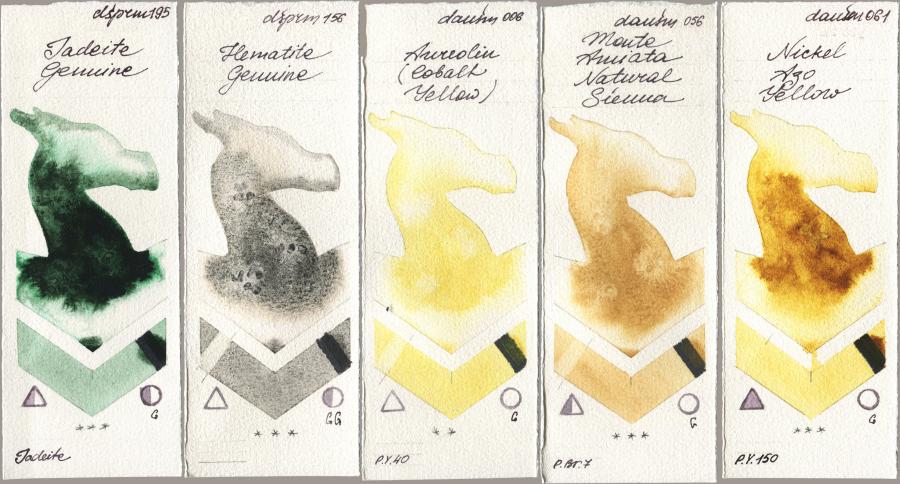 Daniel Smith 195 Jadeite Genuine, 156 Hematite Genuine, 006 Aureolin (Cobalt Yellow), 056 Monte Amiata Natural Sienna, 061 Nickel Azo Yell watercolor swatch