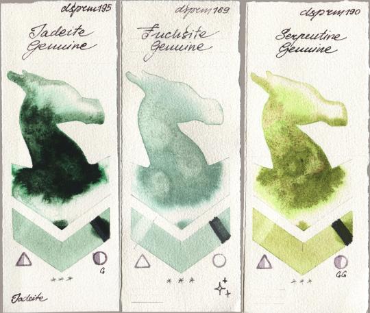 Daniel Smith 195 Jadeite Genuine, 169 Fuchsite Genuine, 190 Serpentine Genui watercolor swatch