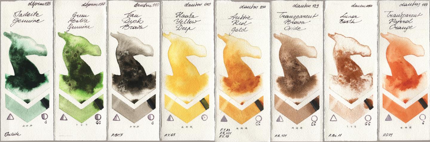 Daniel Smith 195 Jadeite Genuine, 197 Green Apatite Genuine, 110 Van Dyck Brown, 040 Hansa Yellow Deep, 234 Aussie Red Gold, 129 Transparent Brown Oxide, 050 Lunar Earth, 187 Transparent Pyrrol Oran watercolor swatch