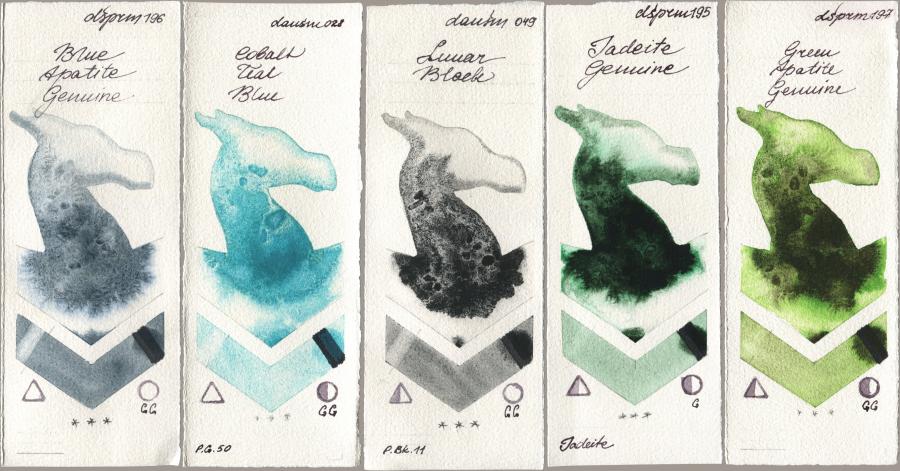 Daniel Smith 196 Blue Apatite Genuine, 028 Cobalt Teal Blue, 049 Lunar Black, 195 Jadeite Genuine, 197 Green Apatite Genui watercolor swatch