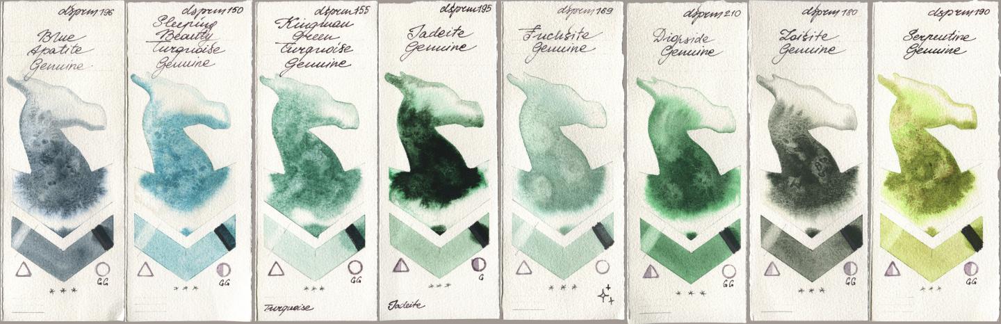 Daniel Smith 196 Blue Apatite Genuine, 150 Sleeping Beauty Turquoise Genuine, 155 Kingman Green Turquoise Genuine, 195 Jadeite Genuine, 169 Fuchsite Genuine, 210 Diopside Genuine, 180 Zoisite Genuine, 190 Serpentine Genui watercolor swatch