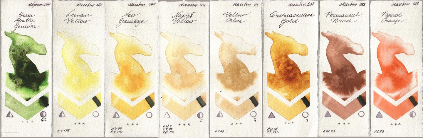 Daniel Smith 197 Green Apatite Genuine, 165 Lemon Yellow, 060 New Gamboge, 058 Naples Yellow, 114 Yellow Ochre, 238 Quinacridone Gold, 068 Permanent Brown, 126 Pyrrol Oran watercolor swatch