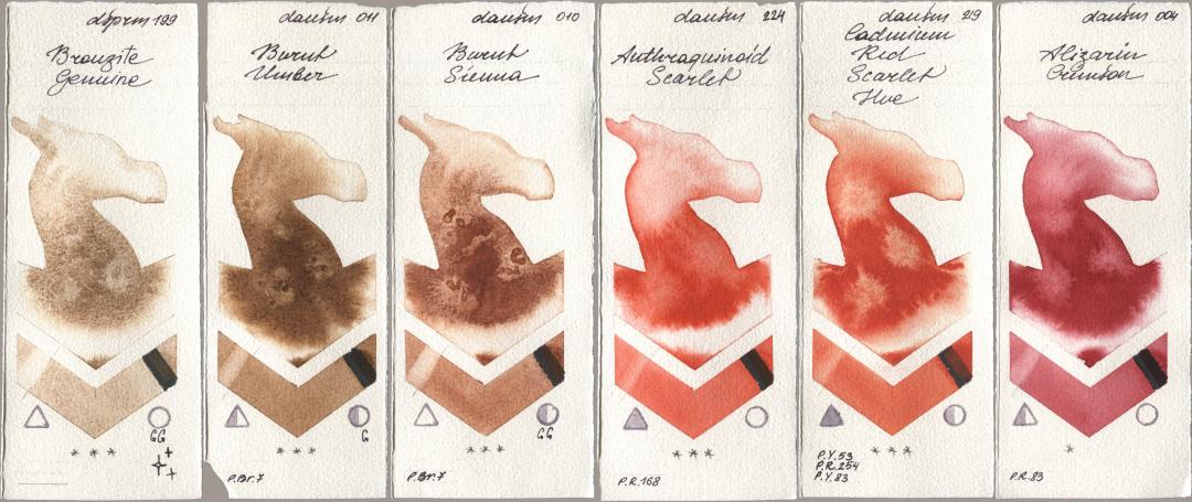 Daniel Smith 199 Bronzite Genuine, 011 Burnt Umber, 010 Burnt Sienna, 224 Anthraquinoid Scarlet, 219 Cadmium Red Scarlet Hue, 004 Alizarin Crims watercolor swatch