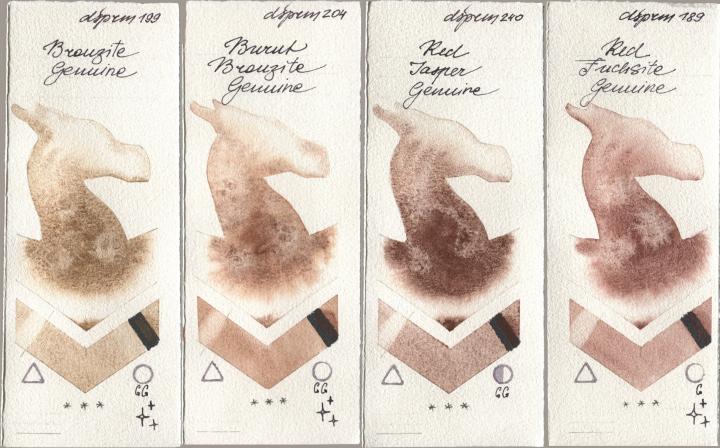 Daniel Smith 199 Bronzite Genuine, 204 Burnt Bronzite Genuine, 240 Red Jasper Genuine, 189 Red Fuchsite Genui watercolor swatch