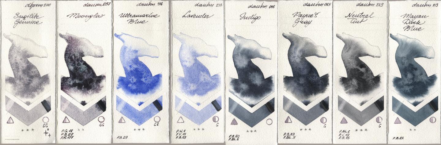 Daniel Smith 200 Sugilite Genuine, 057 Moonglow, 106 Ultramarine Blue, 232 Lavender, 046 Indigo, 065 Paynes Gray, 229 Neutral Tint, 213 Mayan Dark Bl watercolor swatch