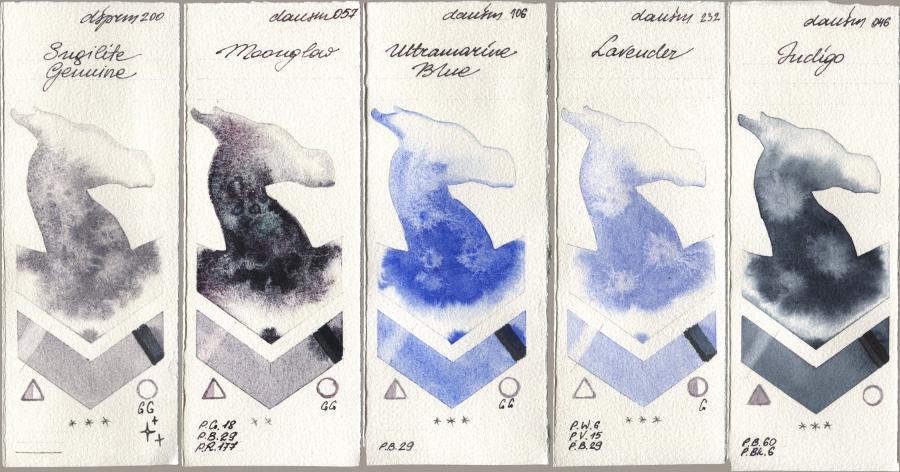 Daniel Smith 200 Sugilite Genuine, 057 Moonglow, 106 Ultramarine Blue, 232 Lavender, 046 Indi watercolor swatch
