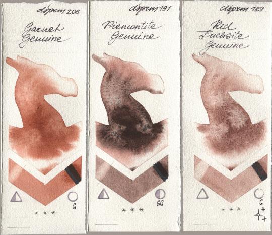 Daniel Smith 205 Garnet Genuine, 191 Piemontite Genuine, 189 Red Fuchsite Genui watercolor swatch