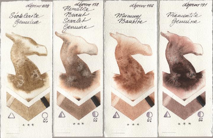 Daniel Smith 209 Sicklerite Genuine, 158 Hematite Burnt Scarlet Genuine, 166 Mummy Bauxite, 191 Piemontite Genui watercolor swatch