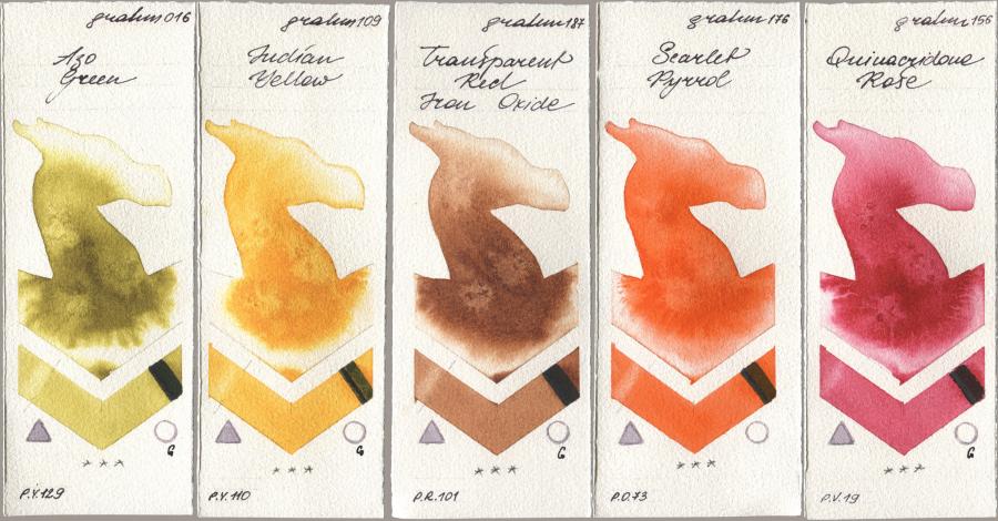 M. Graham & Co. Artists 016 Azo Green, 109 Indian Yellow, 187 Transparent Red Iron Oxide, 176 Scarlet Pyrrol, 156 Quinacridone Ro watercolor swatch