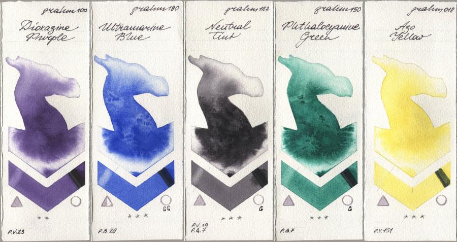 M. Graham & Co. Artists 100 Dioxazine Purple, 190 Ultramarine Blue, 122 Neutral Tint, 150 Phthalocyanine Green, 018 Azo Yell watercolor swatch