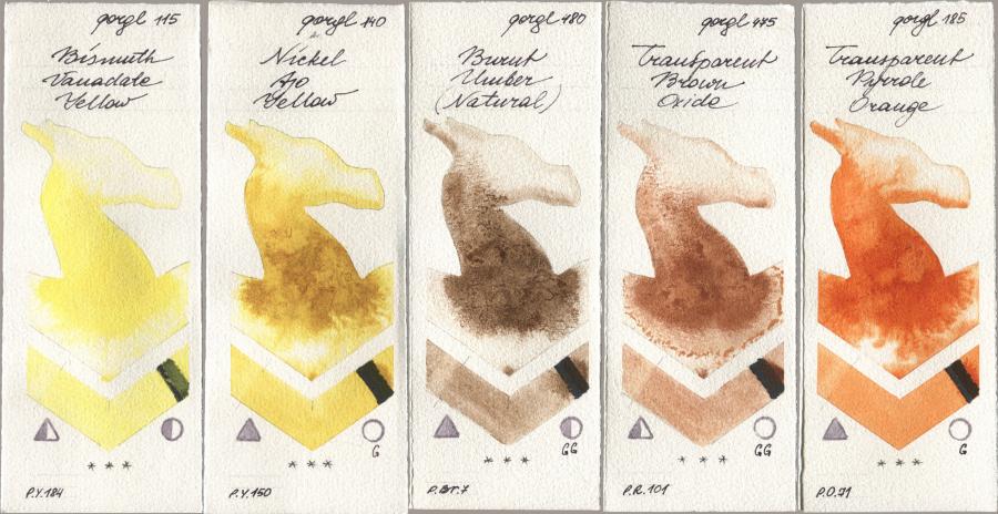 Golden QOR 115 Bismuth Vanadate Yellow, 140 Nickel Azo Yellow, 480 Burnt Umber (Natural), 475 Transparent Brown Oxide, 185 Transparent Pyrrole Oran watercolor swatch