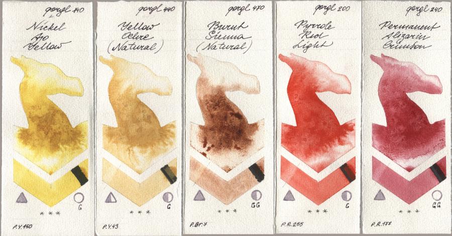 Golden QOR 140 Nickel Azo Yellow, 440 Yellow Ochre (Natural), 470 Burnt Sienna (Natural), 200 Pyrrole Red Light, 240 Permanent Alizarin Crims watercolor swatch