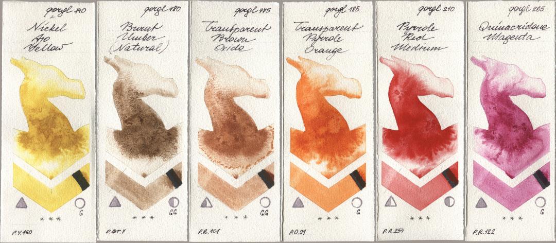 Golden QOR 140 Nickel Azo Yellow, 480 Burnt Umber (Natural), 475 Transparent Brown Oxide, 185 Transparent Pyrrole Orange, 210 Pyrrole Red Medium, 265 Quinacridone Magen watercolor swatch