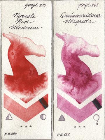 Golden QOR 210 Pyrrole Red Medium, 265 Quinacridone Magen watercolor swatch