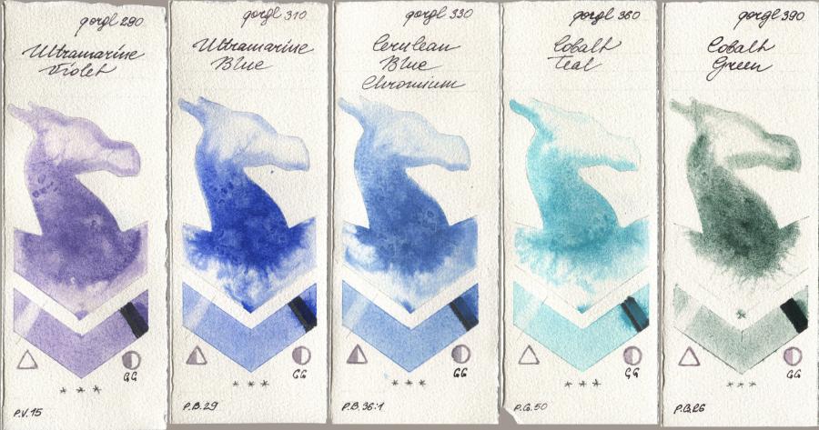 Golden QOR 290 Ultramarine Violet, 310 Ultramarine Blue, 330 Cerulean Blue, Chromium, 360 Cobalt Teal, 390 Cobalt Gre watercolor swatch