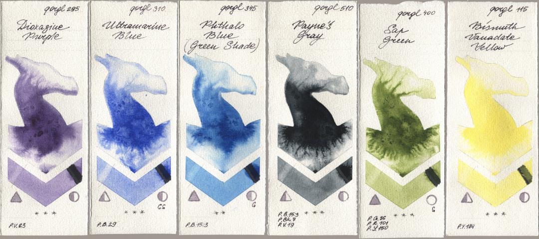 Golden QOR 295 Dioxazine Purple, 310 Ultramarine Blue, 345 Phthalo Blue (Green Shade), 510 Paynes Gray, 400 Sap Green, 115 Bismuth Vanadate Yell watercolor swatch