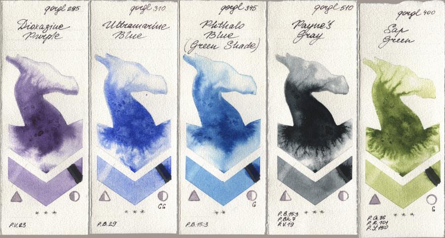 Golden QOR 295 Dioxazine Purple, 310 Ultramarine Blue, 345 Phthalo Blue (Green Shade), 510 Paynes Gray, 400 Sap Gre watercolor swatch