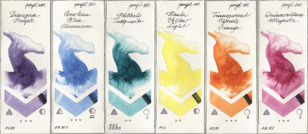 Golden QOR 295 Dioxazine Purple, 330 Cerulean Blue, Chromium, 365 Phthalo Turquoise, 110 Hansa Yellow Light, 185 Transparent Pyrrole Orange, 265 Quinacridone Magen watercolor swatch