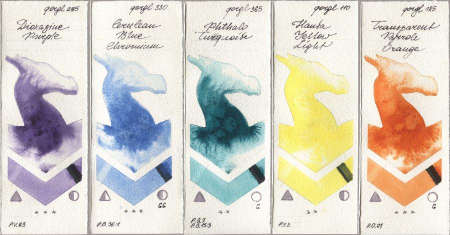 Golden QOR 295 Dioxazine Purple, 330 Cerulean Blue, Chromium, 365 Phthalo Turquoise, 110 Hansa Yellow Light, 185 Transparent Pyrrole Oran watercolor swatch