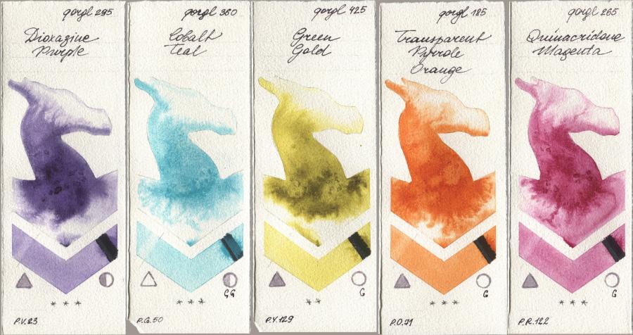 Golden QOR 295 Dioxazine Purple, 360 Cobalt Teal, 425 Green Gold, 185 Transparent Pyrrole Orange, 265 Quinacridone Magen watercolor swatch