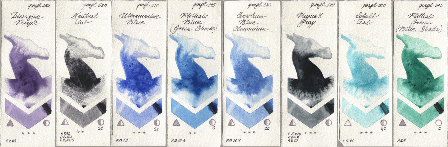 Golden QOR 295 Dioxazine Purple, 520 Neutral Tint, 310 Ultramarine Blue, 345 Phthalo Blue (Green Shade), 330 Cerulean Blue, Chromium, 510 Paynes Gray, 360 Cobalt Teal, 375 Phthalo Green (Blue Shad watercolor swatch