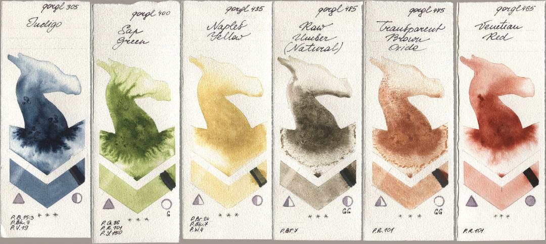 Golden QOR 305 Indigo, 400 Sap Green, 435 Naples Yellow, 485 Raw Umber (Natural), 475 Transparent Brown Oxide, 465 Venetian R watercolor swatch