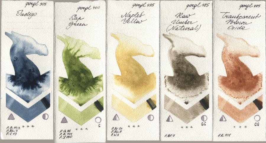 Golden QOR 305 Indigo, 400 Sap Green, 435 Naples Yellow, 485 Raw Umber (Natural), 475 Transparent Brown Oxi watercolor swatch
