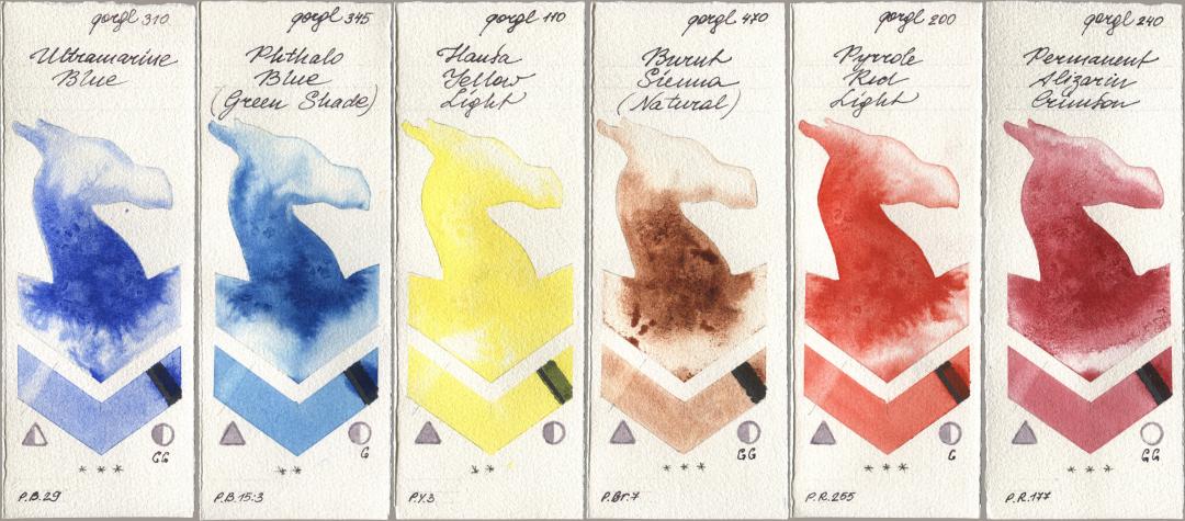 Golden QOR 310 Ultramarine Blue, 345 Phthalo Blue (Green Shade), 110 Hansa Yellow Light, 470 Burnt Sienna (Natural), 200 Pyrrole Red Light, 240 Permanent Alizarin Crims watercolor swatch