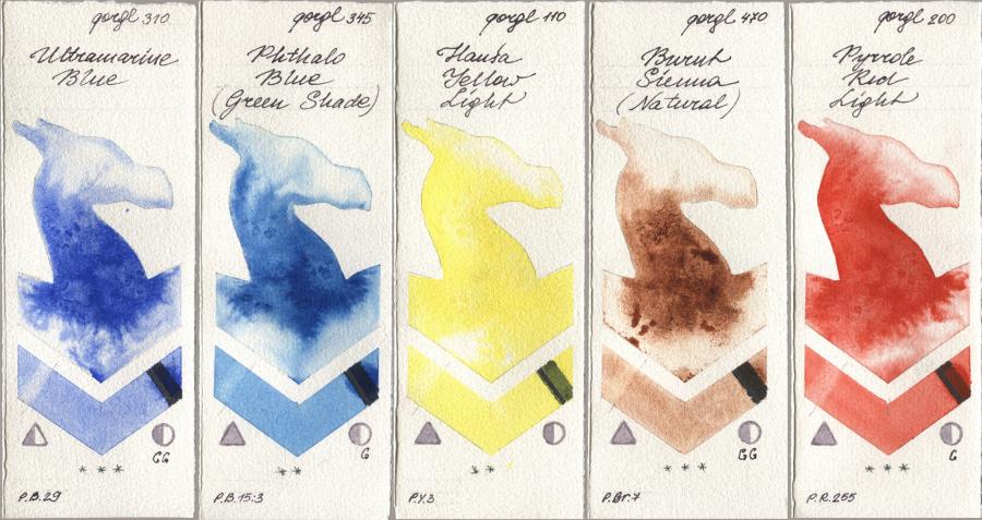 Golden QOR 310 Ultramarine Blue, 345 Phthalo Blue (Green Shade), 110 Hansa Yellow Light, 470 Burnt Sienna (Natural), 200 Pyrrole Red Lig watercolor swatch