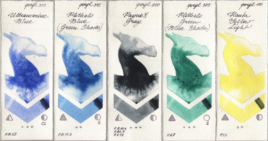Golden QOR 310 Ultramarine Blue, 345 Phthalo Blue (Green Shade), 510 Paynes Gray, 375 Phthalo Green (Blue Shade), 110 Hansa Yellow Lig watercolor swatch