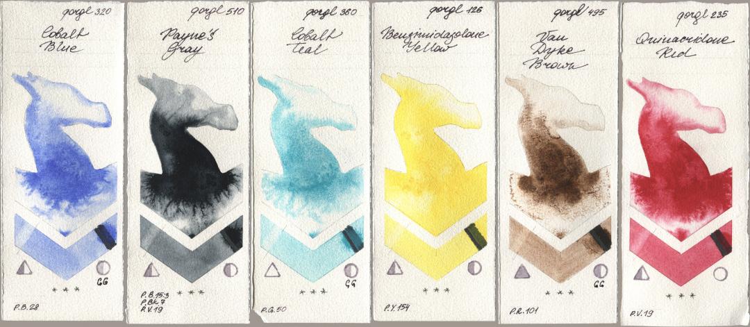 Golden QOR 320 Cobalt Blue, 510 Paynes Gray, 360 Cobalt Teal, 126 Benzimidazolone Yellow, 495 Van Dyke Brown, 235 Quinacridone R watercolor swatch