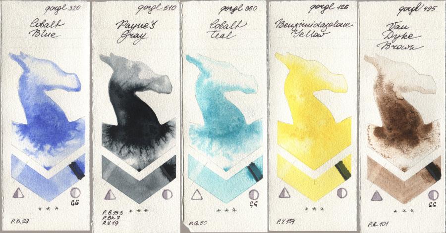Golden QOR 320 Cobalt Blue, 510 Paynes Gray, 360 Cobalt Teal, 126 Benzimidazolone Yellow, 495 Van Dyke Bro watercolor swatch
