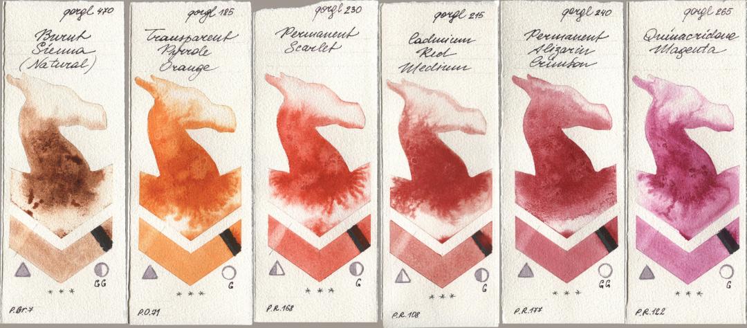 Golden QOR 470 Burnt Sienna (Natural), 185 Transparent Pyrrole Orange, 230 Permanent Scarlet, 215 Cadmium Red Medium, 240 Permanent Alizarin Crimson, 265 Quinacridone Magen watercolor swatch
