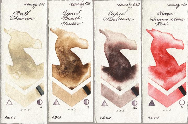 Roman Szmal Aquarius 201 Buff Titanium, 128 Cyprus Burnt Umber, 239 Caput Mortuum, 329 Cherry Quinacridone R watercolor swatch