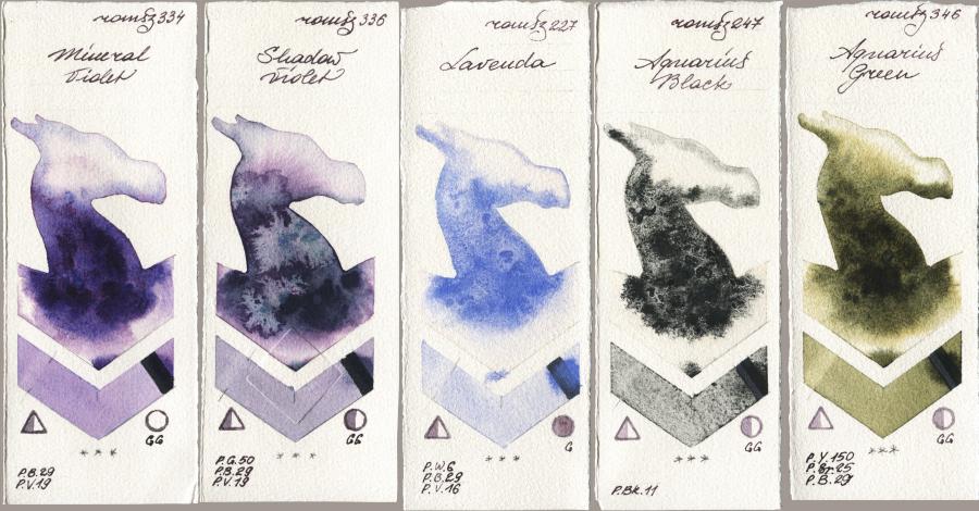 Roman Szmal Aquarius 334 Mineral Violet, 336 Shadow Violet, 227 Lavenda, 247 Aquarius Black, 346 Aquarius Gre watercolor swatch