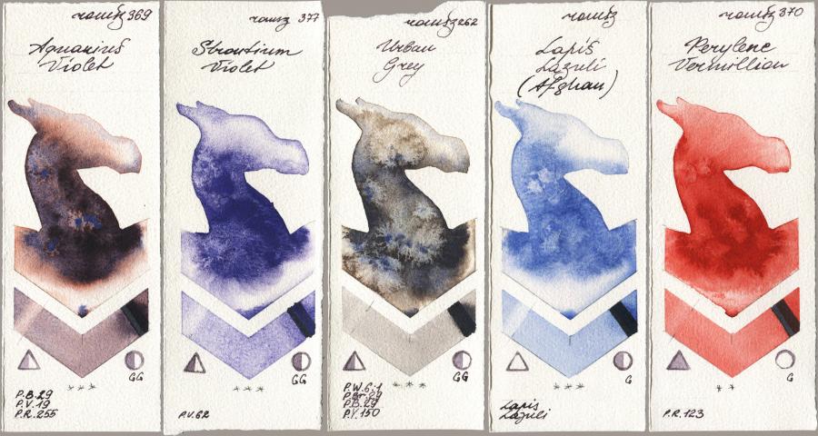 Roman Szmal Aquarius 369 Aquarius Violet, 377 Strontium Violet, 262 Urban Grey, 999 Lapis Lazuli Afghan, 370 Perylene Vermilli watercolor swatch