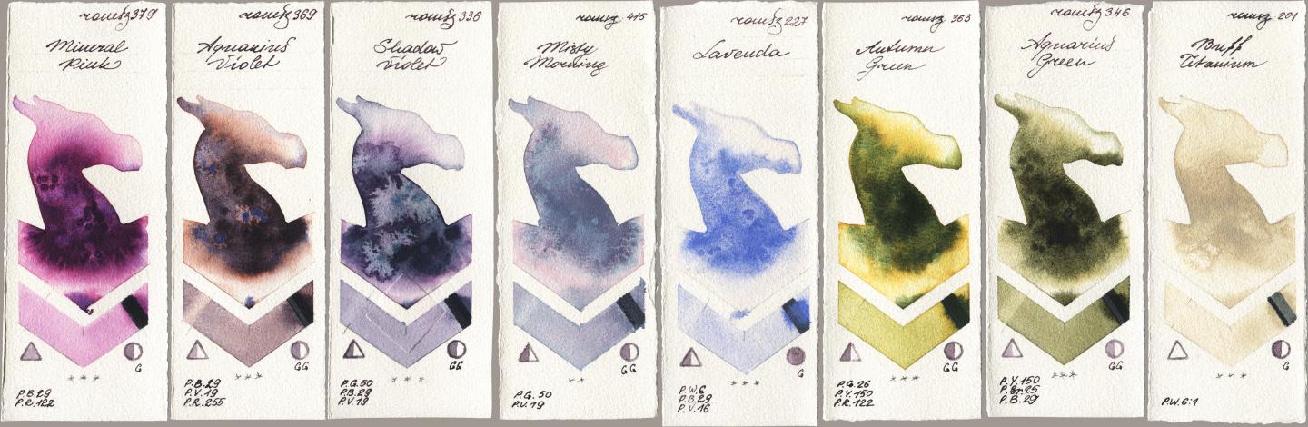 Roman Szmal Aquarius 379 Mineral Pink, 369 Aquarius Violet, 336 Shadow Violet, 415 Misty Morning, 227 Lavenda, 363 Autumn Green, 346 Aquarius Green, 201 Buff Titani watercolor swatch